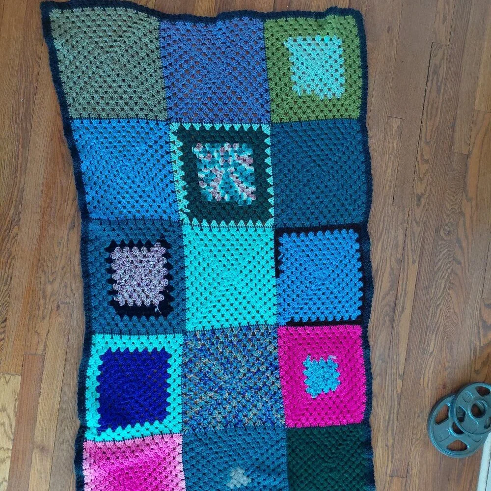 Vintage 70s Crochet Granny Square Panels Handmade Afghan Blanket Retro Boho